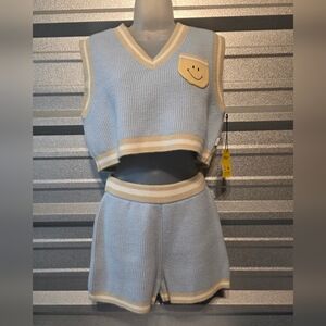 Chic Blue and Cream Knit Women's Set